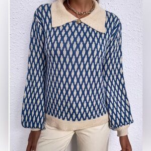 Blue and Cream Patterned Women's Sweater size L